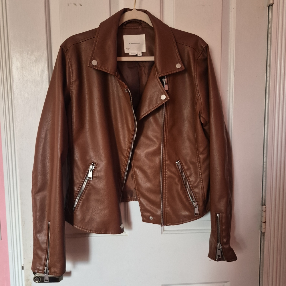 Anthropologie Brown Faux Leather Jacket with Silver Zippers,never worn